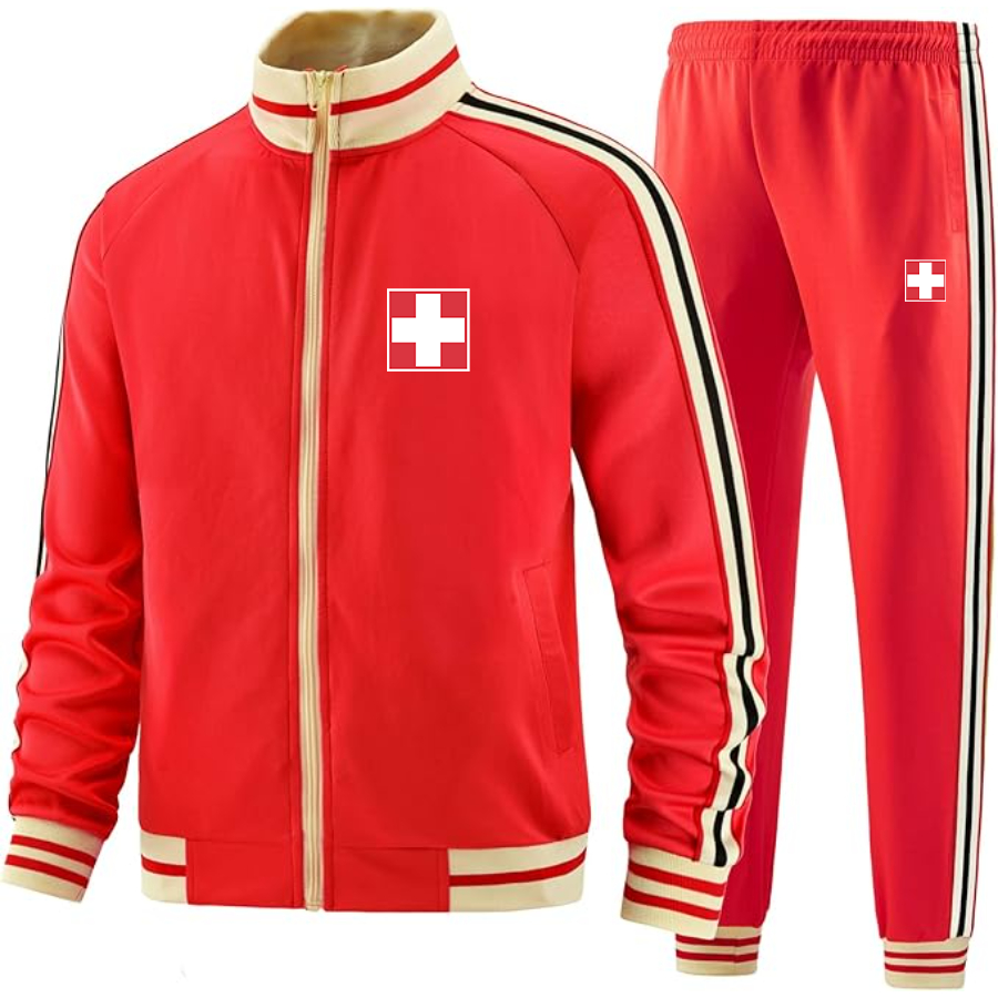 Men's  Switzerland National Football Soccer Team  Tracksuit with Bold Striped Accents and Zippered Front